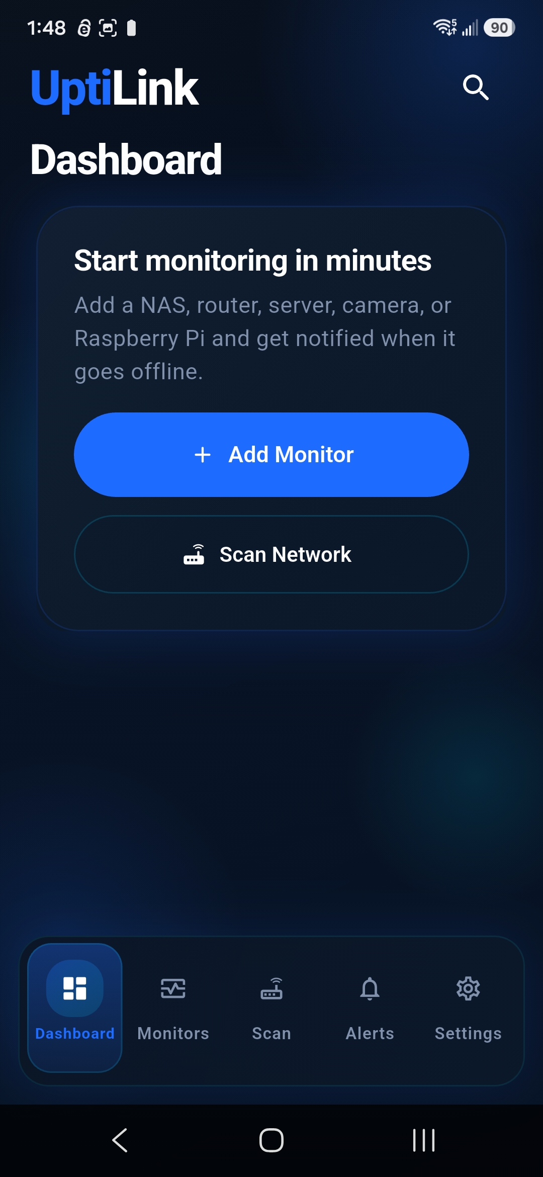 UptiLink offering manual monitor creation or a local network scan